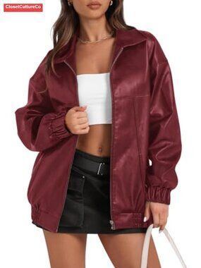Oversized Faux Leather Moto Jacket Zip Up Bomber